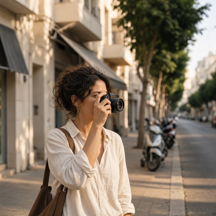 Photographer working with a film camera on a sunlit Tel Aviv boulevard