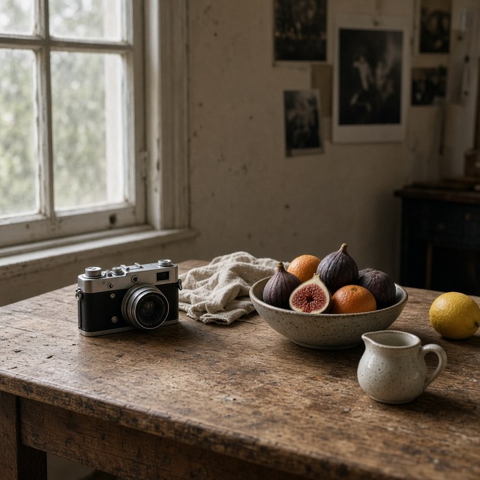Classroom still-life table with a camera, fruit, and a ceramic bowl beside a window