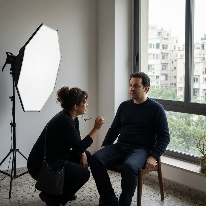 Portrait session beside a tall window with a reflector and an instructor
