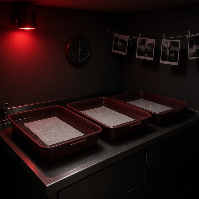 Darkroom trays and hanging prints under red safelight