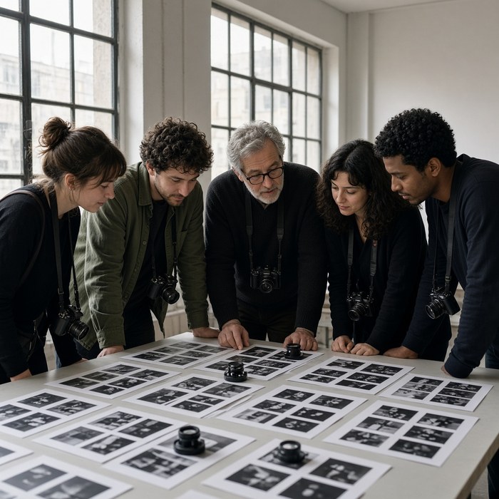 Students and an instructor reviewing black-and-white contact sheets at a classroom table