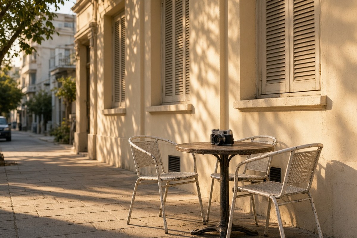 Cafe table and chairs on a Tel Aviv sidewalk at golden hour, a film camera on the table