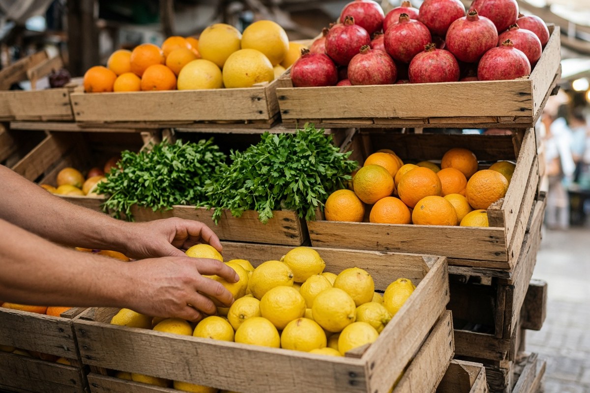 Crates of citrus and herbs at an open-air market stall