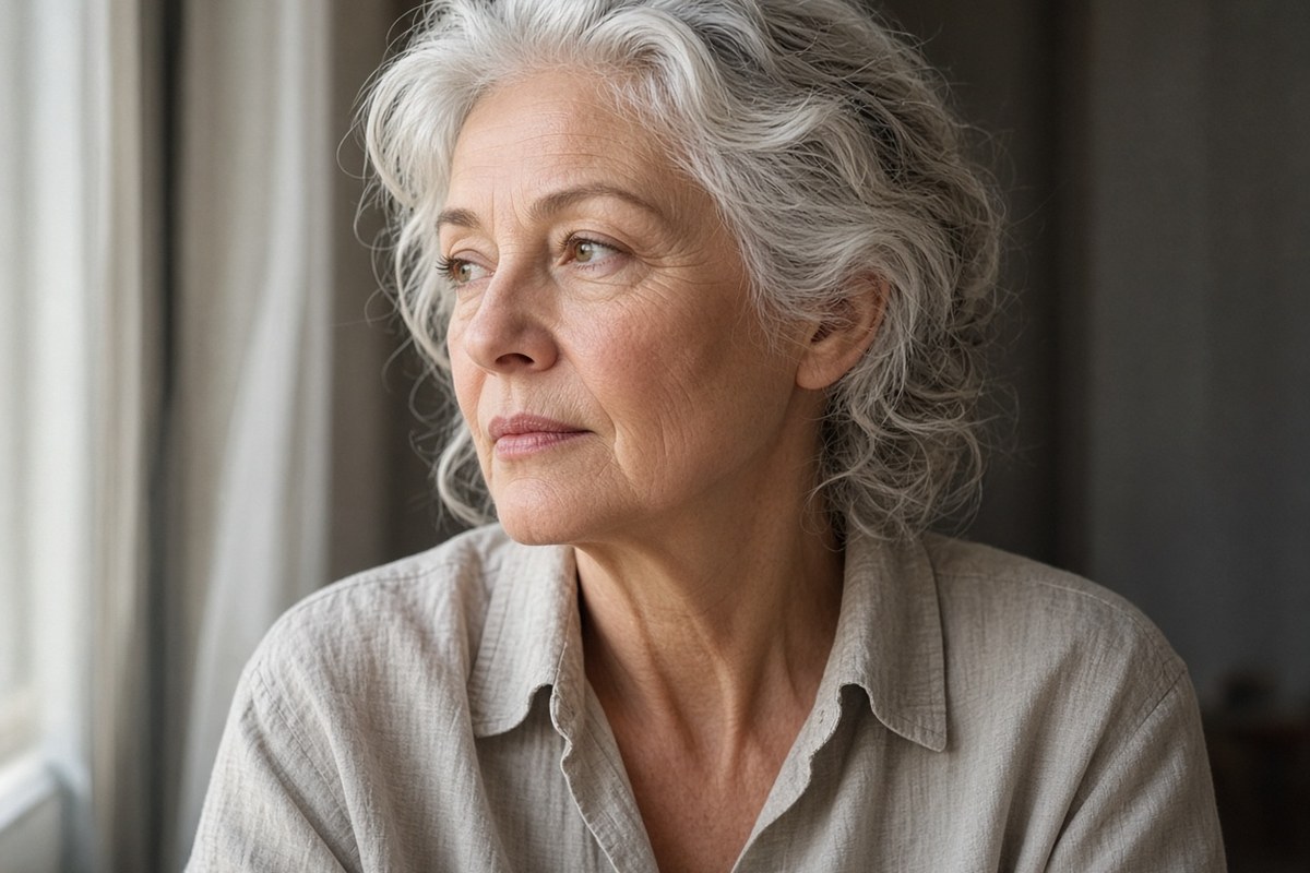 Window-light portrait of a woman with silver hair
