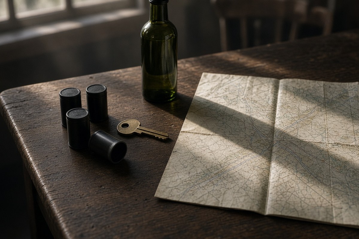 Still life of film canisters, a key, an olive-oil bottle, and a folded map