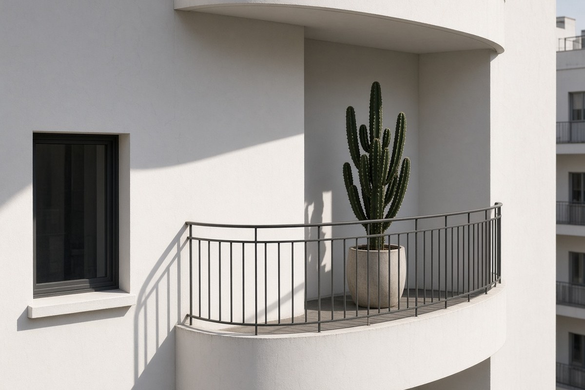 White Bauhaus balcony with a curved railing and a potted cactus in hard sunlight
