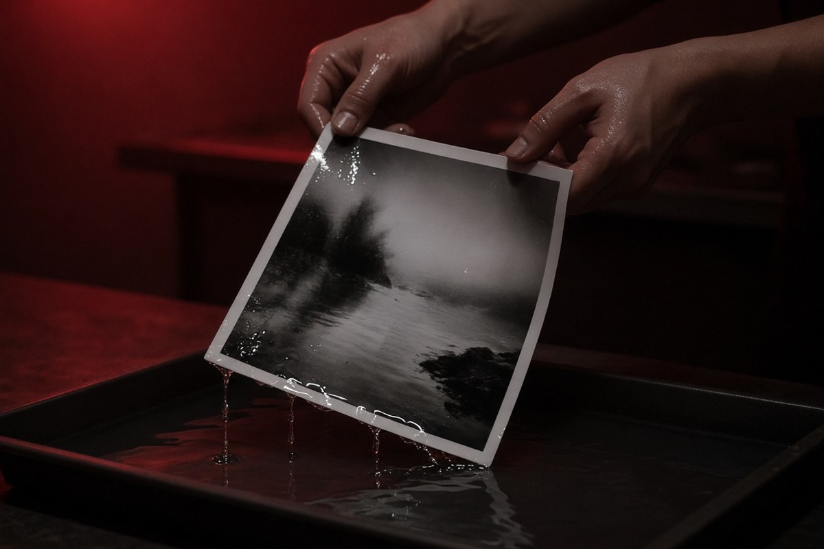 Hands lifting a wet black-and-white print from a darkroom water tray