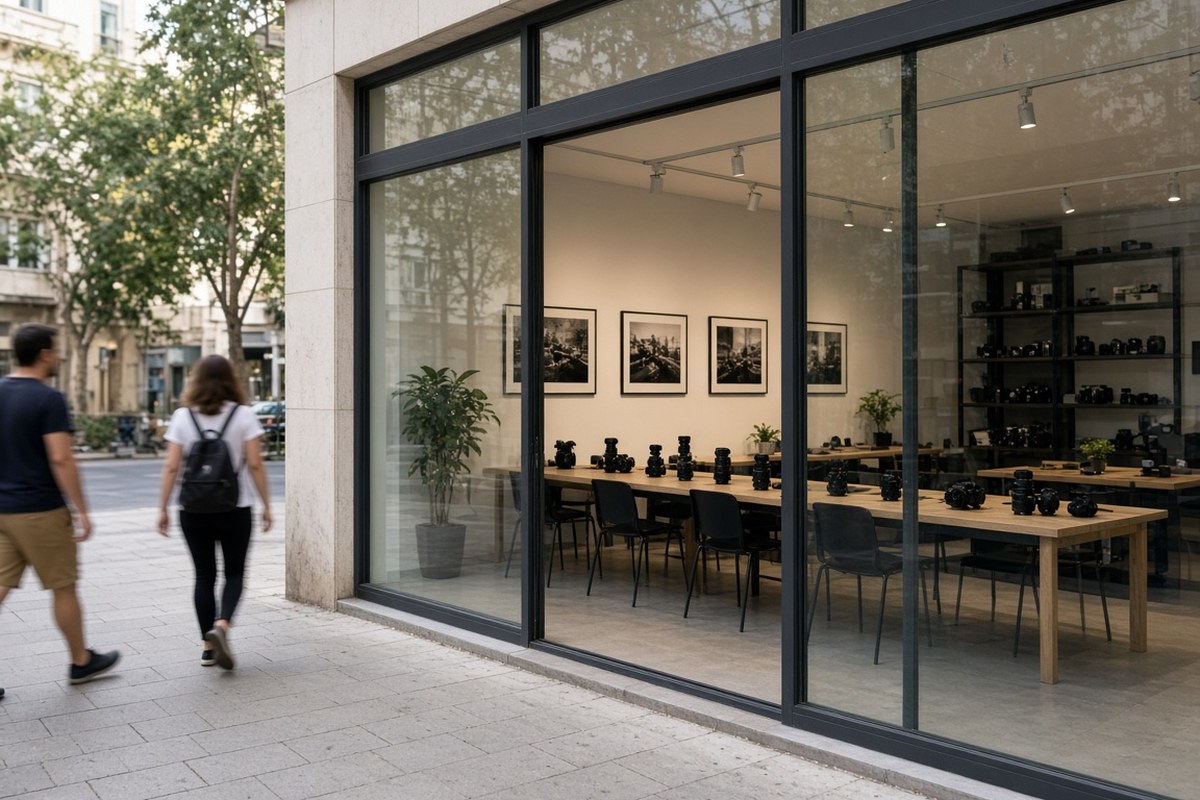 Street-level photography school windows on a Tel Aviv commercial street