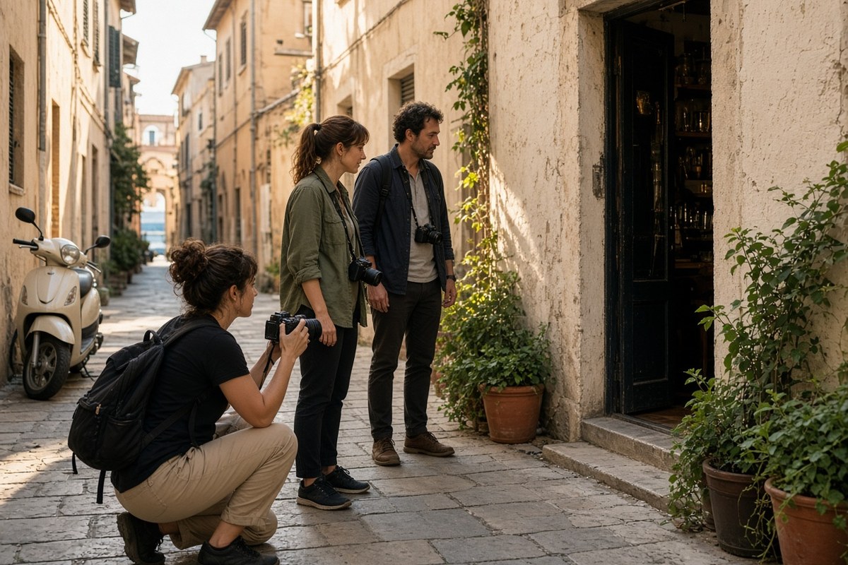 Students photographing a shop doorway during a street class